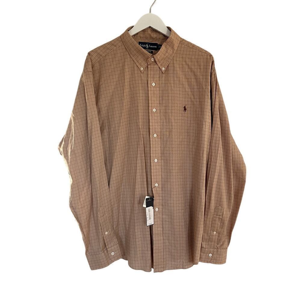 NWT Ralph Lauren Men XXL Brown Checkered Polo Button Down Classic Fit Work Gift